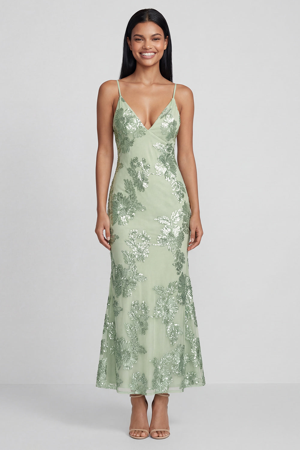 Sage Green Floral Mermaid Maxi Spaghetti Straps Formal Dress