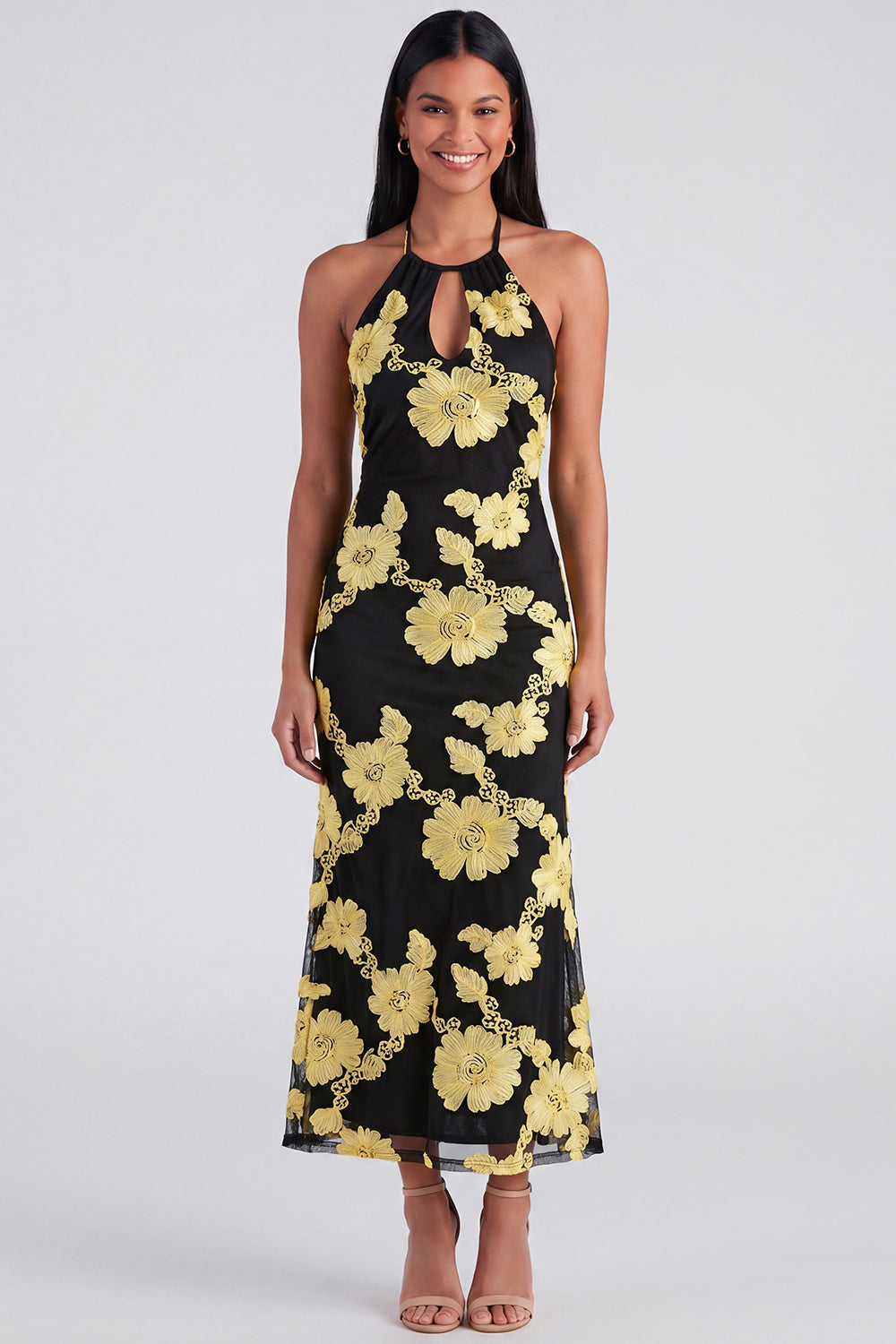 Blue Floral Mermaid Maxi Keyhole Halter Formal Dress