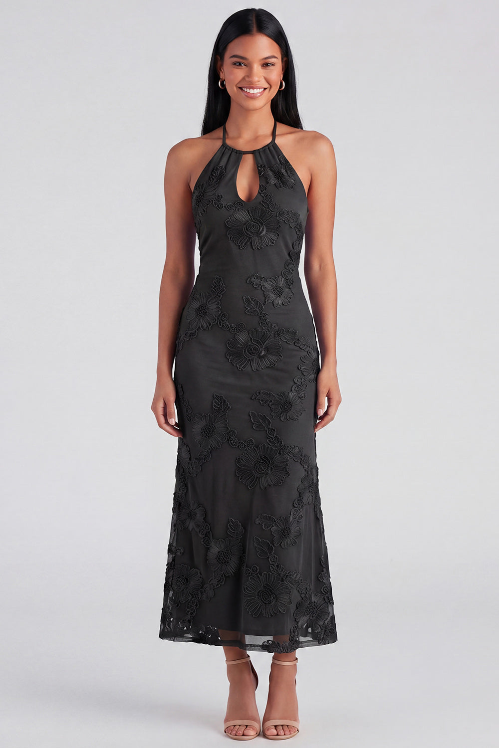 Blue Floral Mermaid Maxi Keyhole Halter Formal Dress