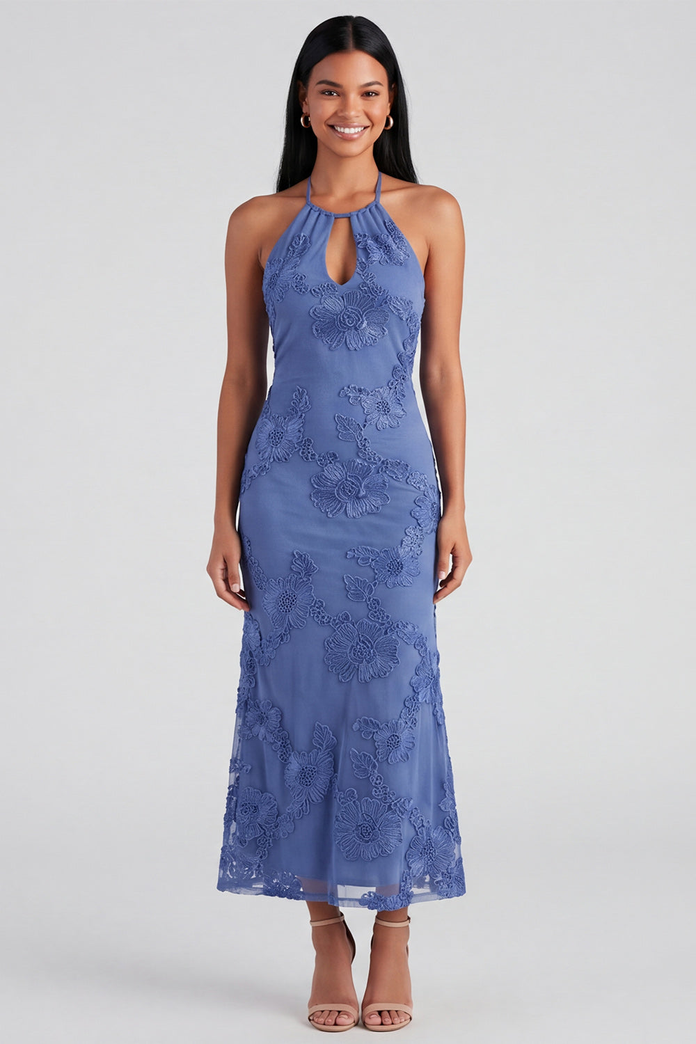 Blue Floral Mermaid Maxi Keyhole Halter Formal Dress