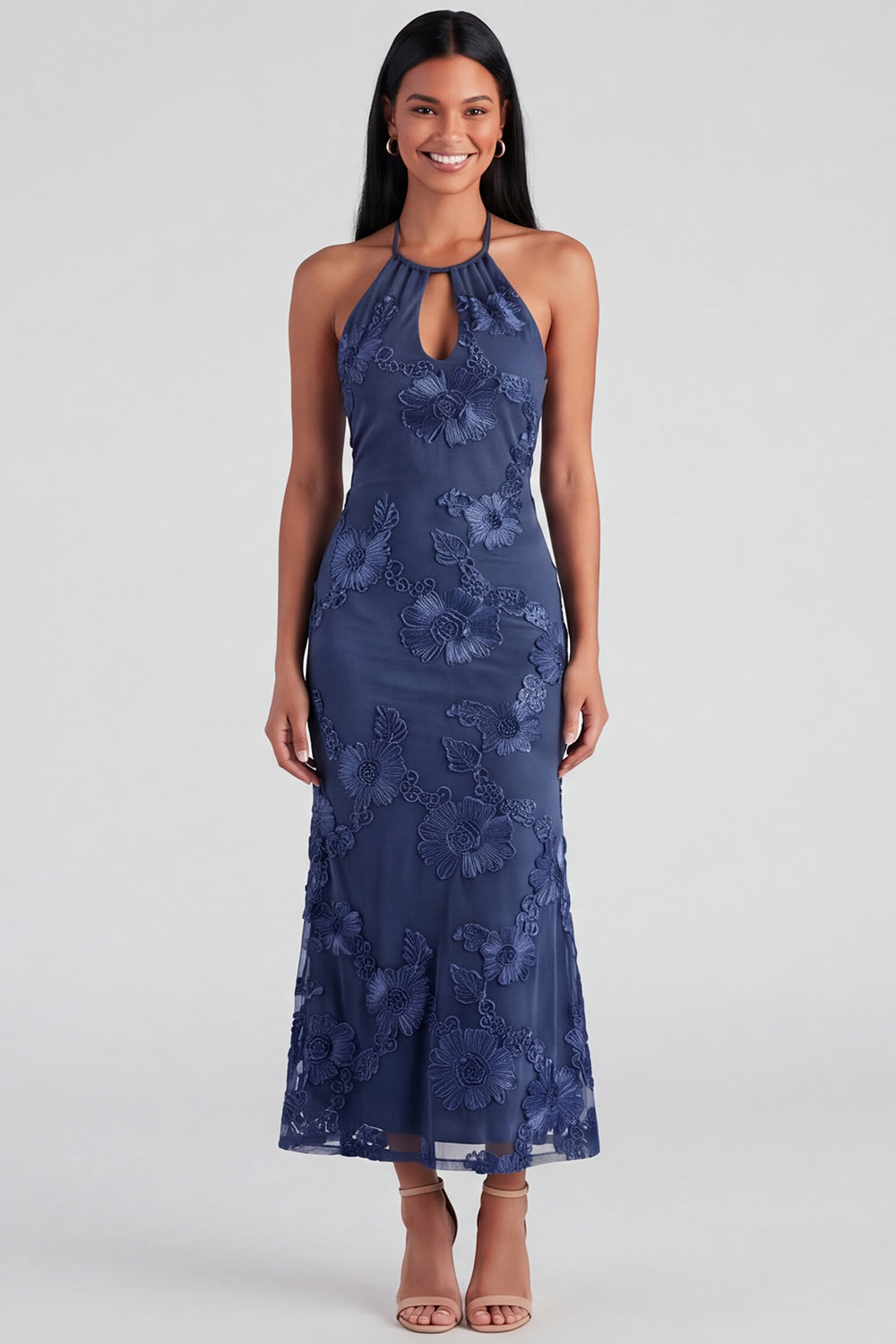 Blue Floral Mermaid Maxi Keyhole Halter Formal Dress