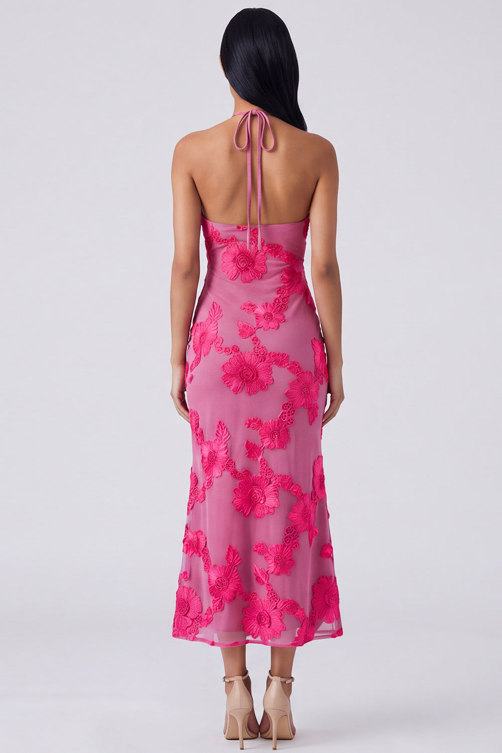 Blue Floral Mermaid Maxi Keyhole Halter Formal Dress