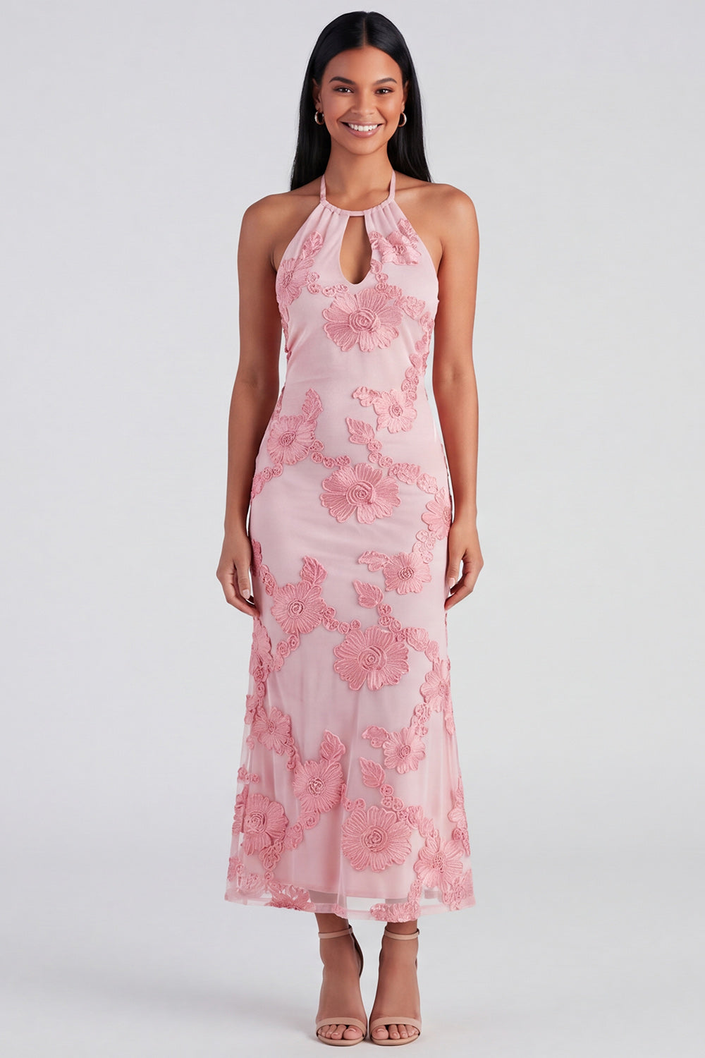 Blue Floral Mermaid Maxi Keyhole Halter Formal Dress