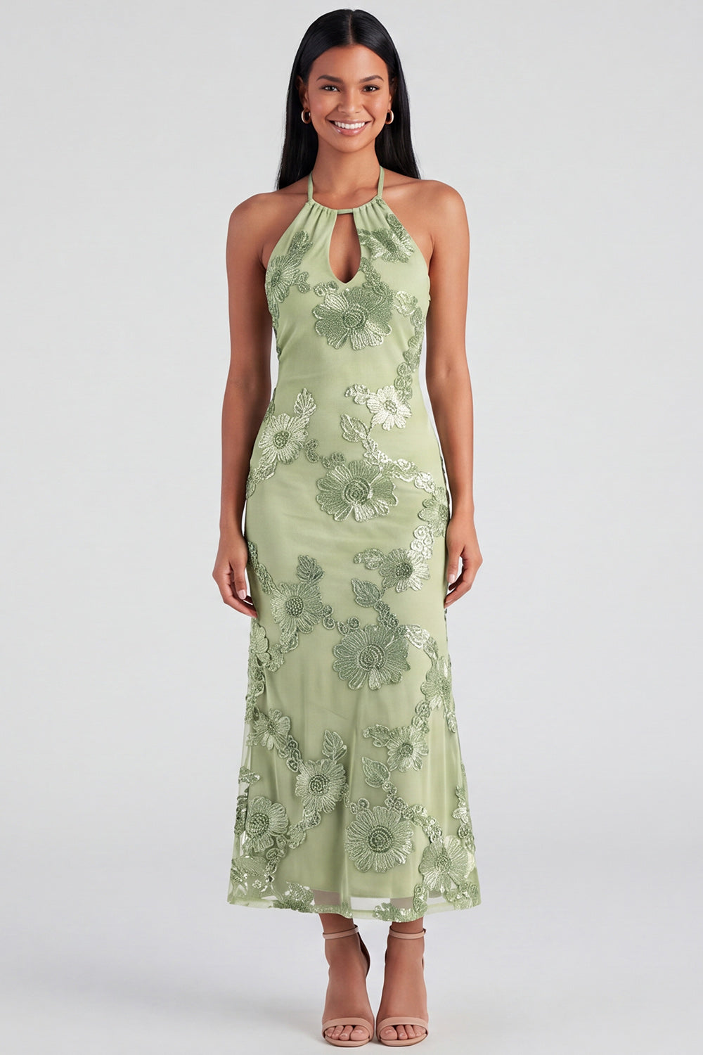 Blue Floral Mermaid Maxi Keyhole Halter Formal Dress