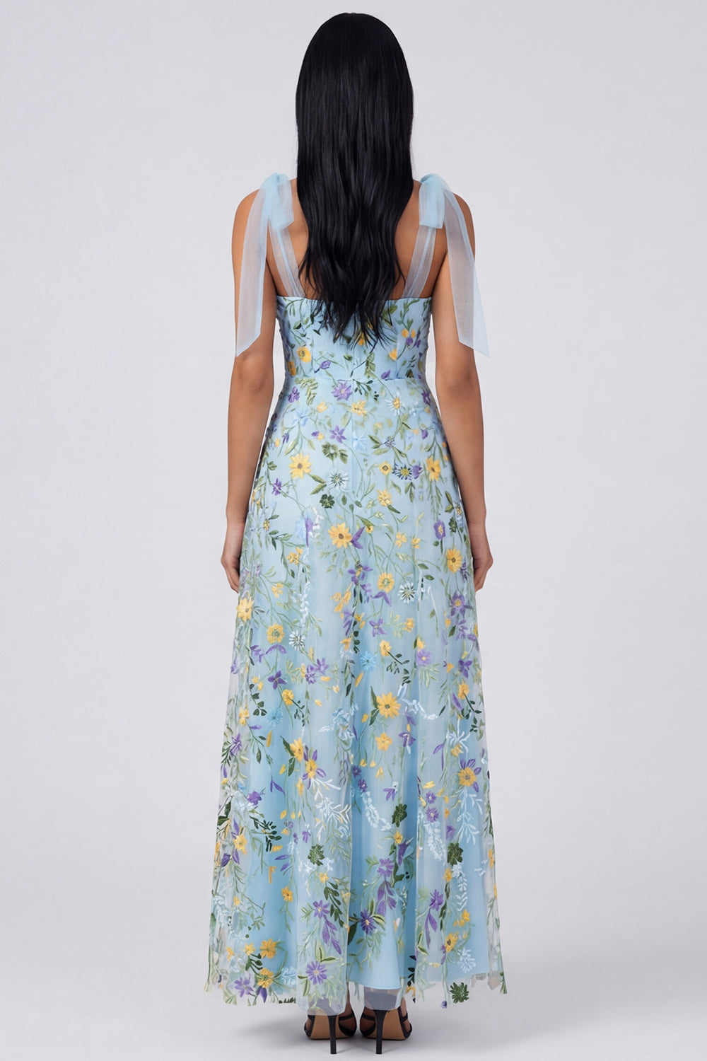 Blue Flower Maxi Corset A Line Formal Dress with Bows
