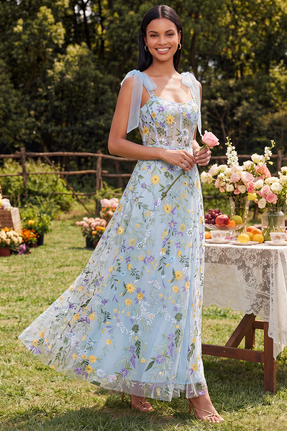 Blue Flower Maxi Corset A Line Formal Dress with Bows