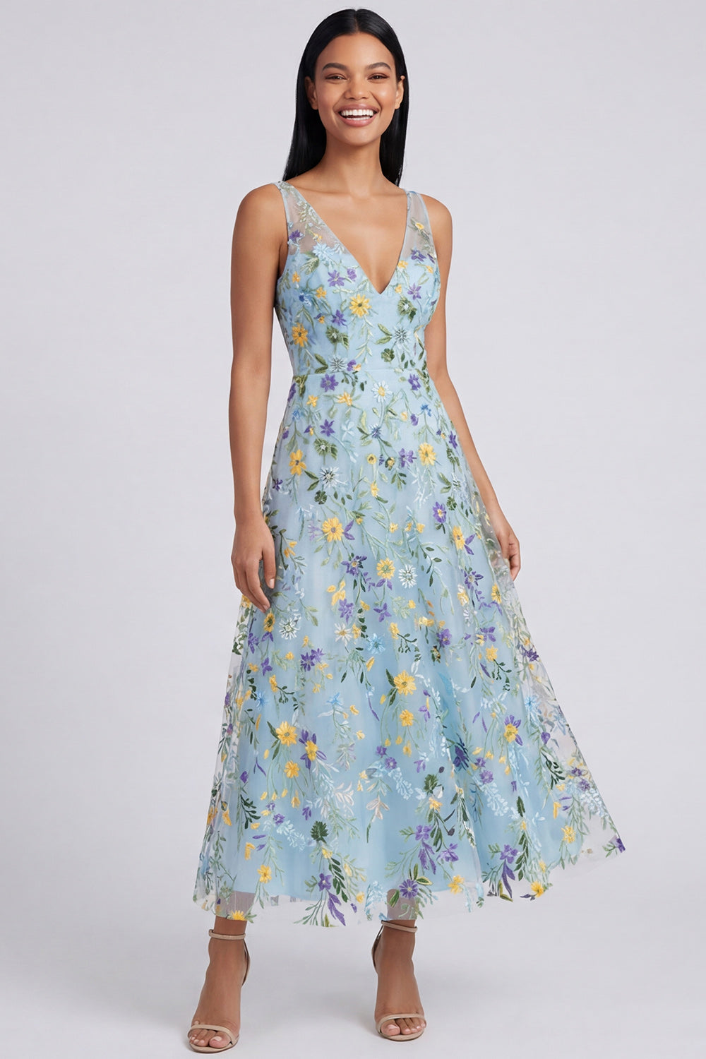 V-Neck Blue Flower Maxi A Line Formal Dress