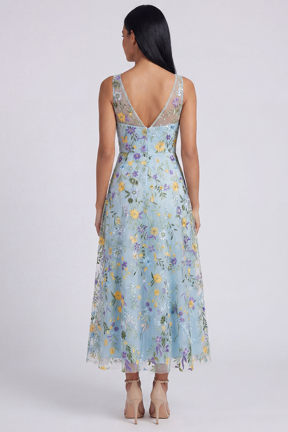 V-Neck Blue Flower Maxi A Line Formal Dress