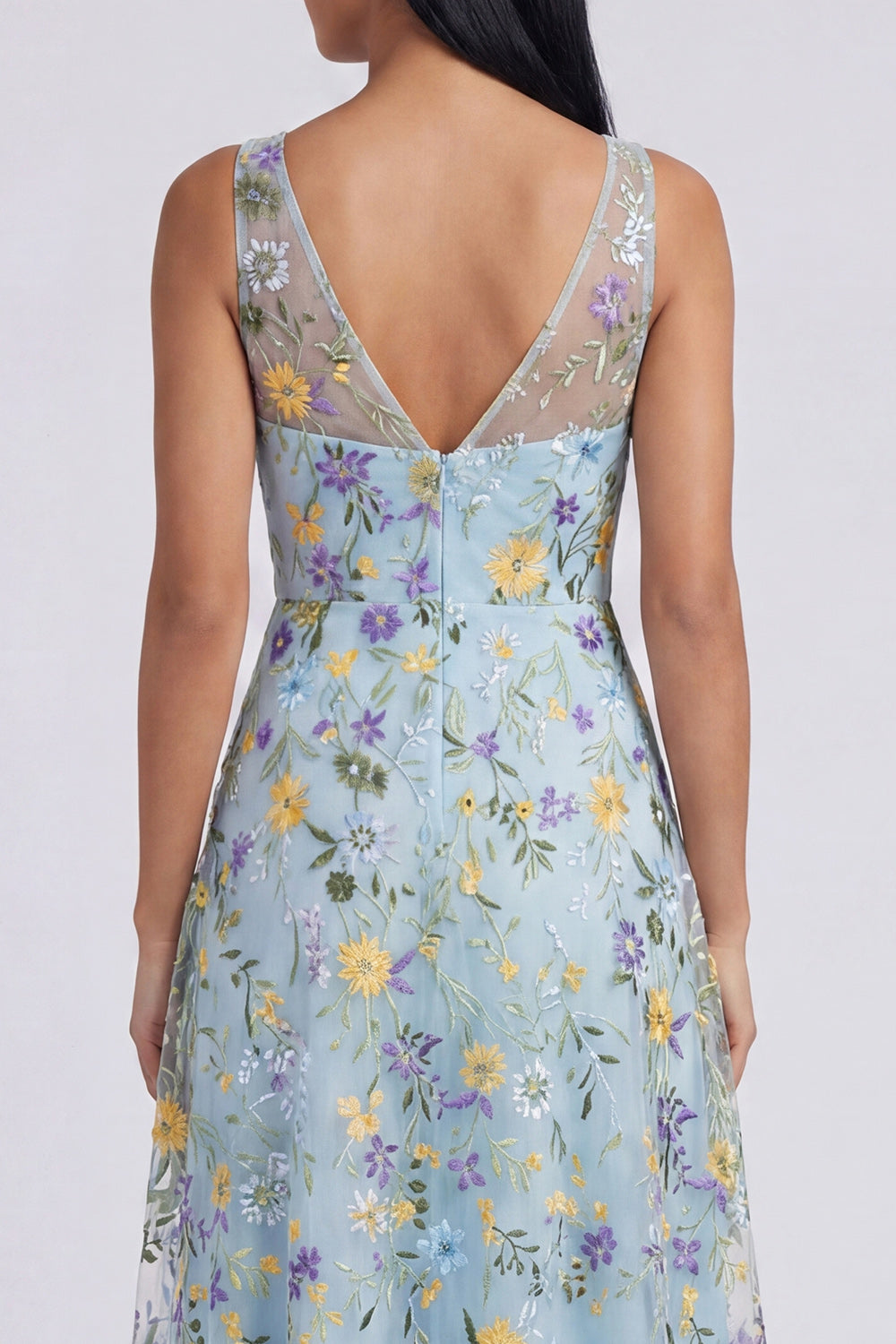 V-Neck Blue Flower Maxi A Line Formal Dress