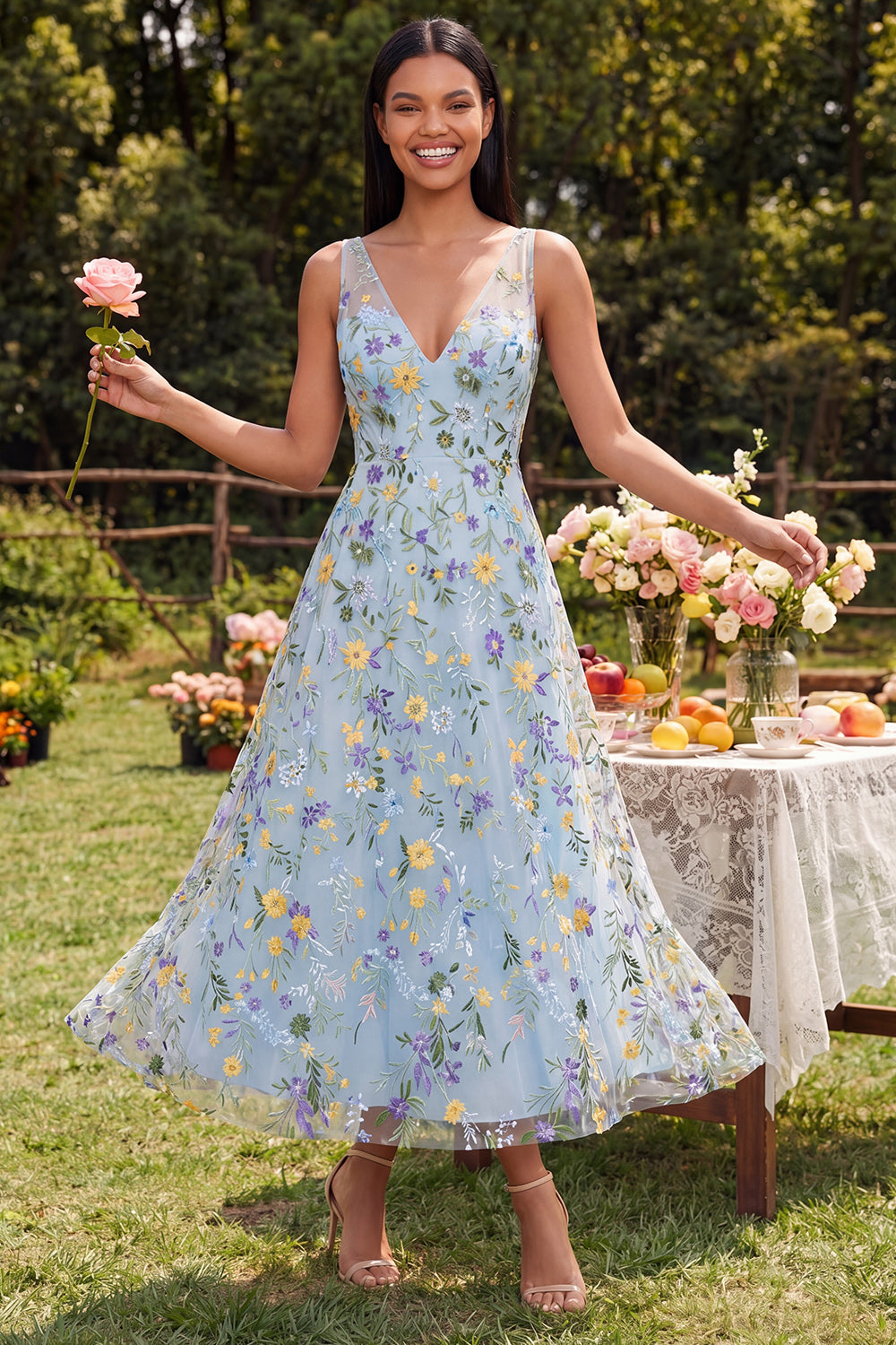 V-Neck Blue Flower Maxi A Line Formal Dress