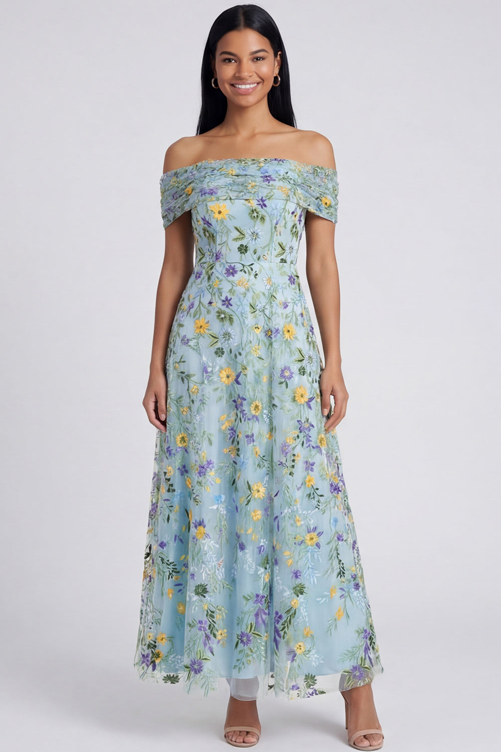 Off the Shoulder Blue Flower Maxi A Line Formal Dress