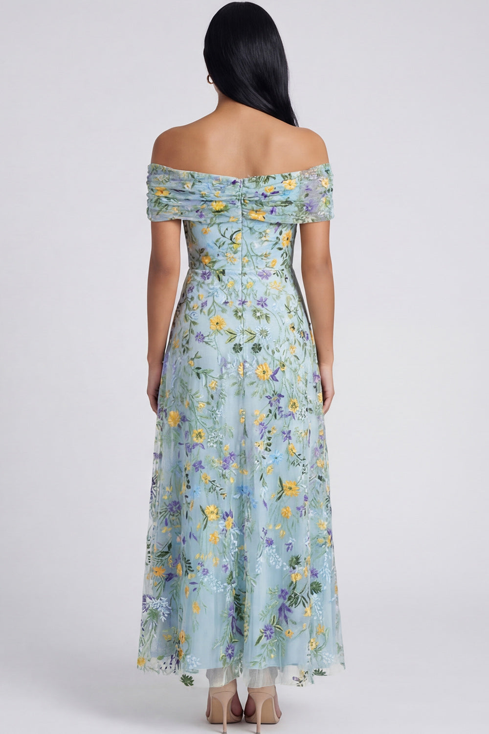 Off the Shoulder Blue Flower Maxi A Line Formal Dress