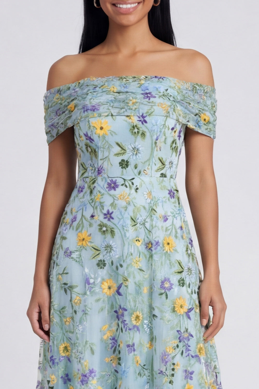 Off the Shoulder Blue Flower Maxi A Line Formal Dress