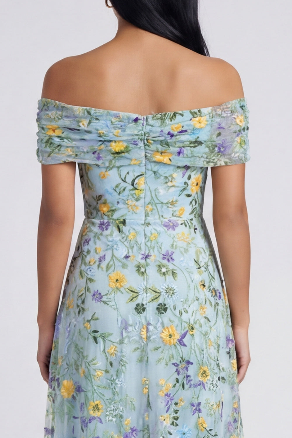 Off the Shoulder Blue Flower Maxi A Line Formal Dress