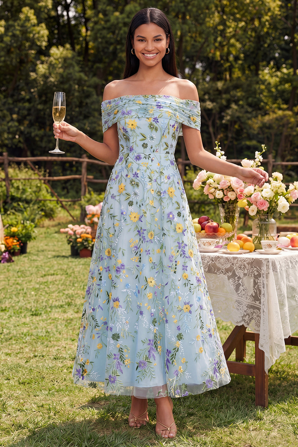 Off the Shoulder Blue Flower Maxi A Line Formal Dress