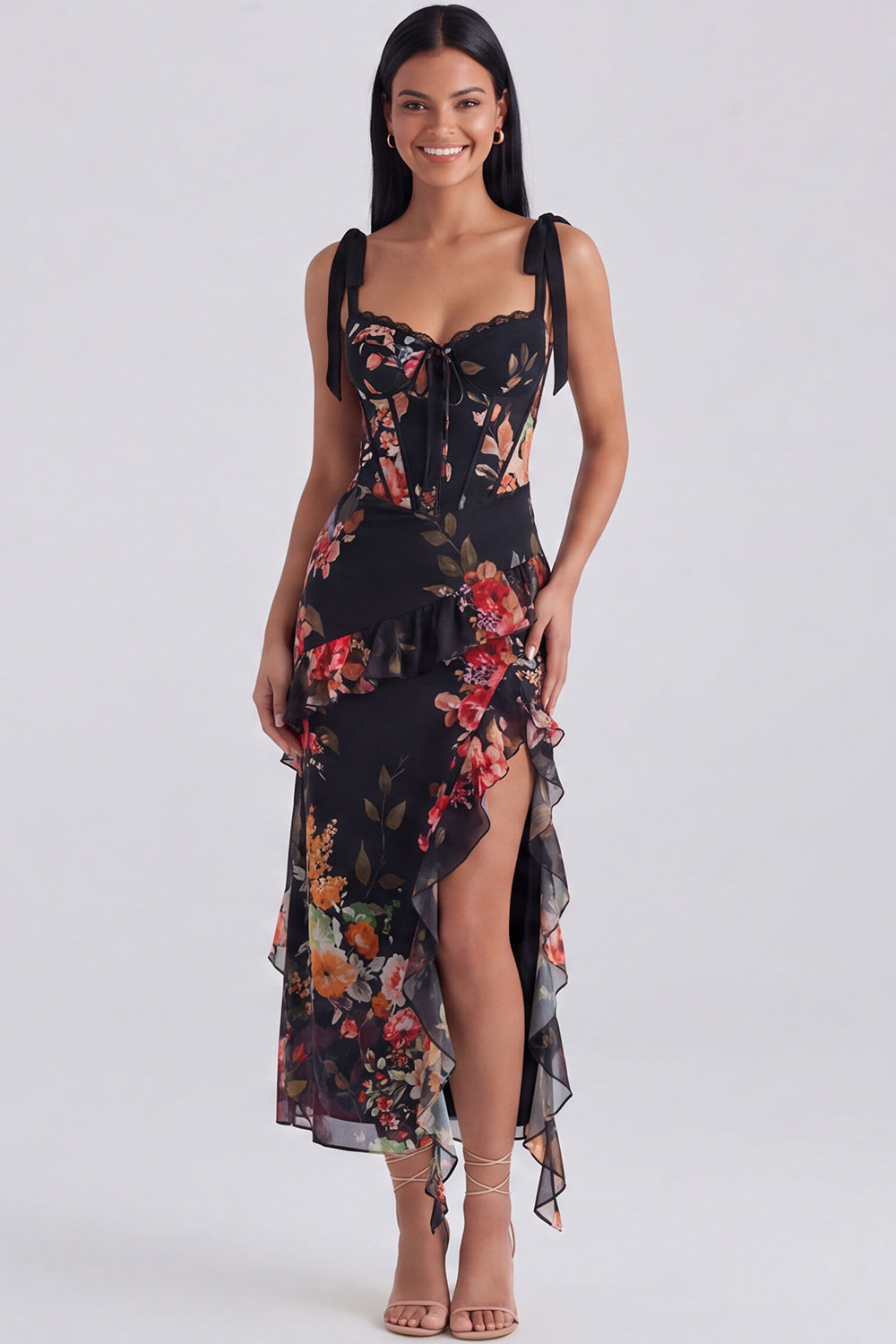 Ivory Floral Maxi Corset Sheath Ruffled Formal Dress with Bows