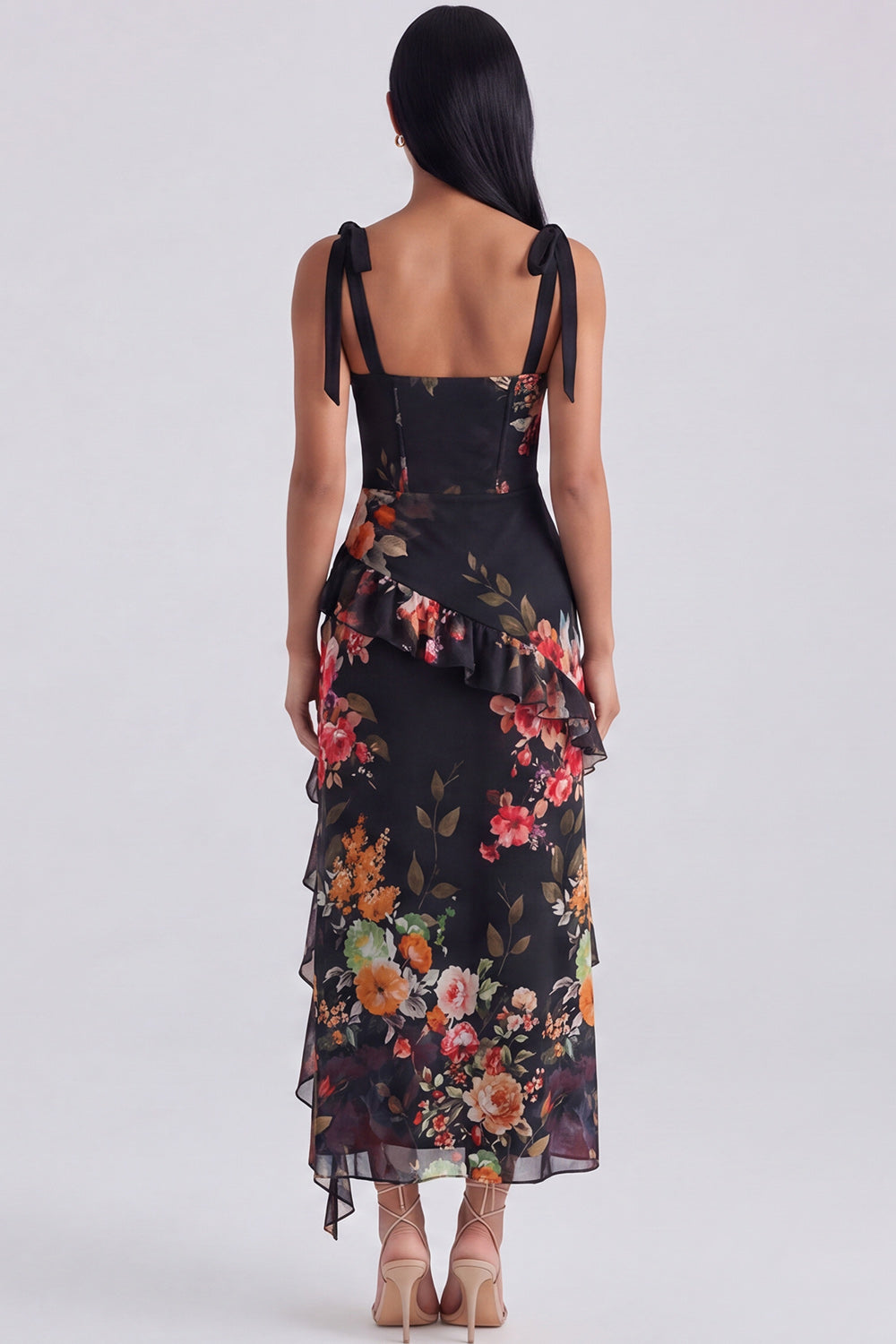 Ivory Floral Maxi Corset Sheath Ruffled Formal Dress with Bows
