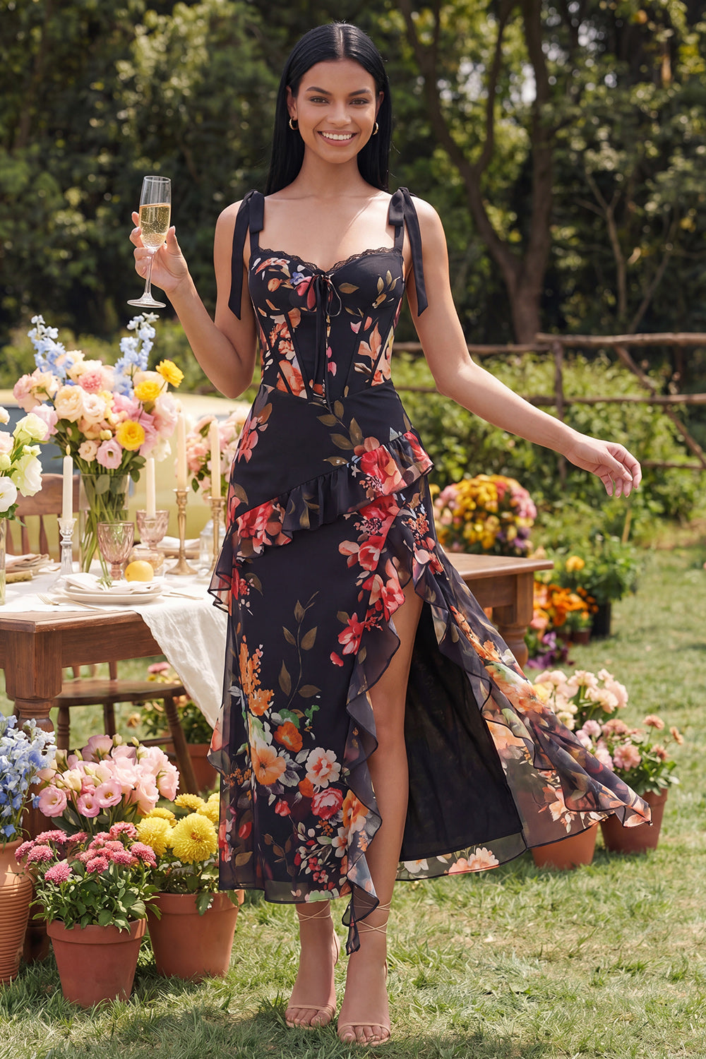 Ivory Floral Maxi Corset Sheath Ruffled Formal Dress with Bows