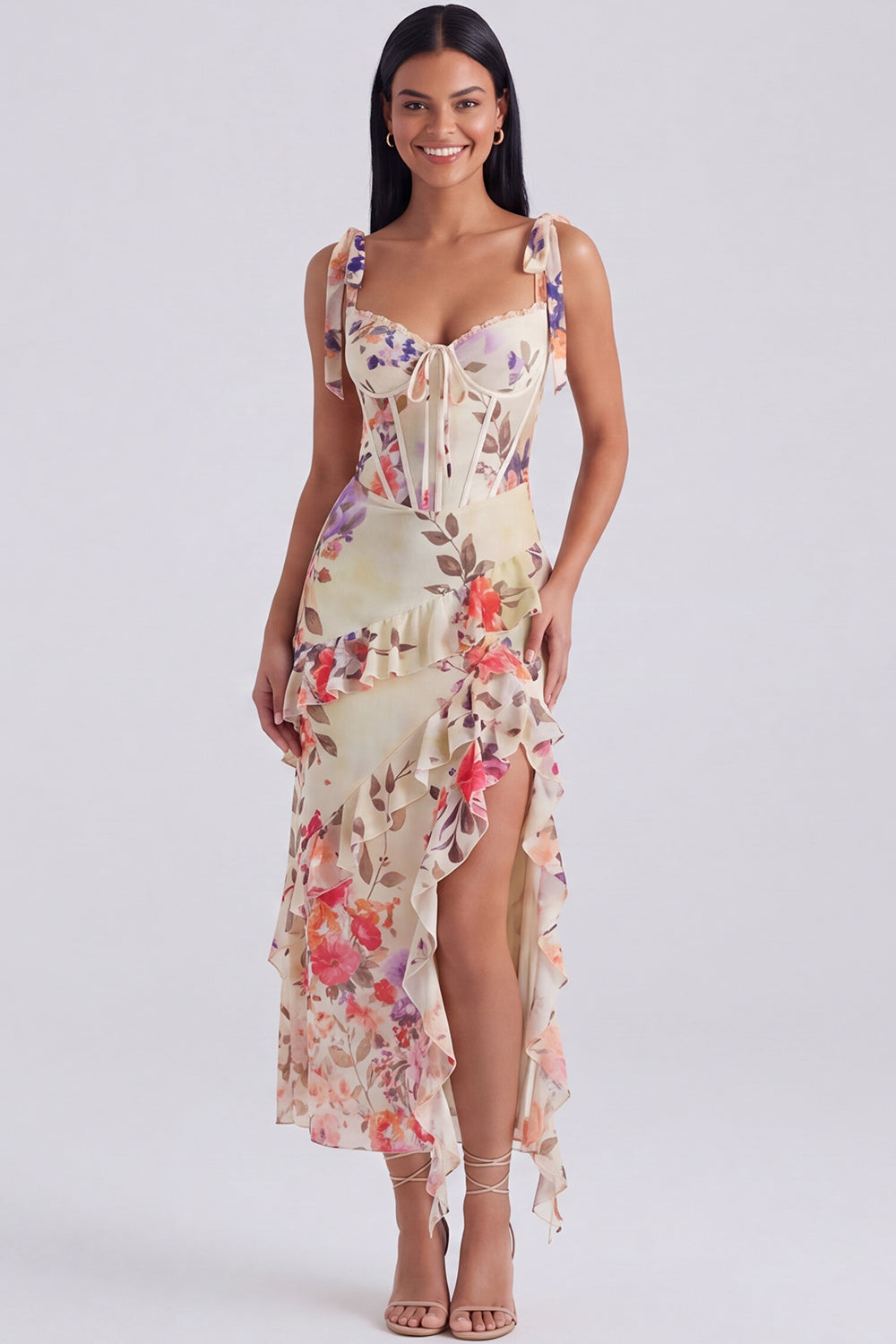 Ivory Floral Maxi Corset Sheath Ruffled Formal Dress with Bows