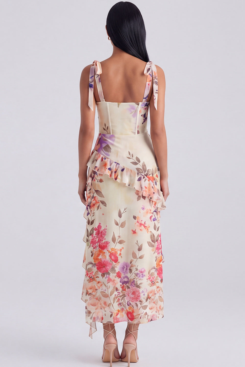 Ivory Floral Maxi Corset Sheath Ruffled Formal Dress with Bows