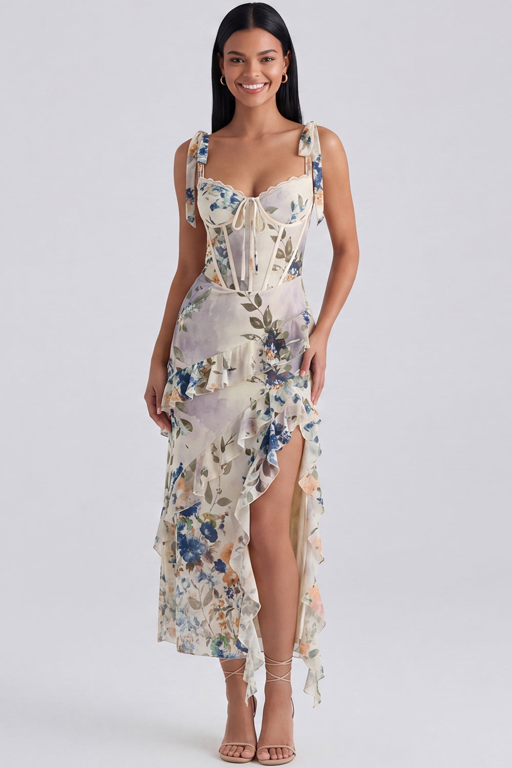Ivory Floral Maxi Corset Sheath Ruffled Formal Dress with Bows