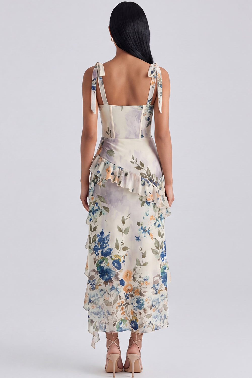 Ivory Floral Maxi Corset Sheath Ruffled Formal Dress with Bows