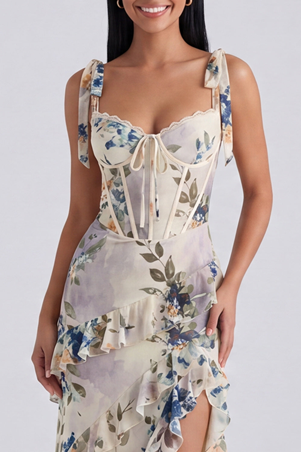 Ivory Floral Maxi Corset Sheath Ruffled Formal Dress with Bows