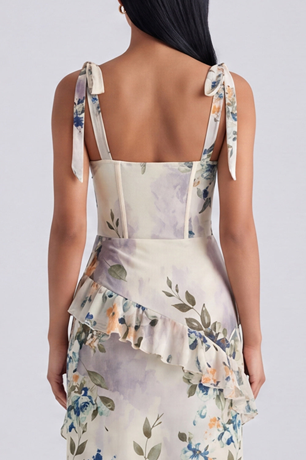 Ivory Floral Maxi Corset Sheath Ruffled Formal Dress with Bows