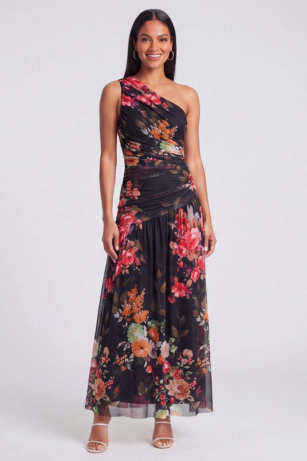 One Shoulder A Line Ruched Ivory Floral Maxi Formal Dress