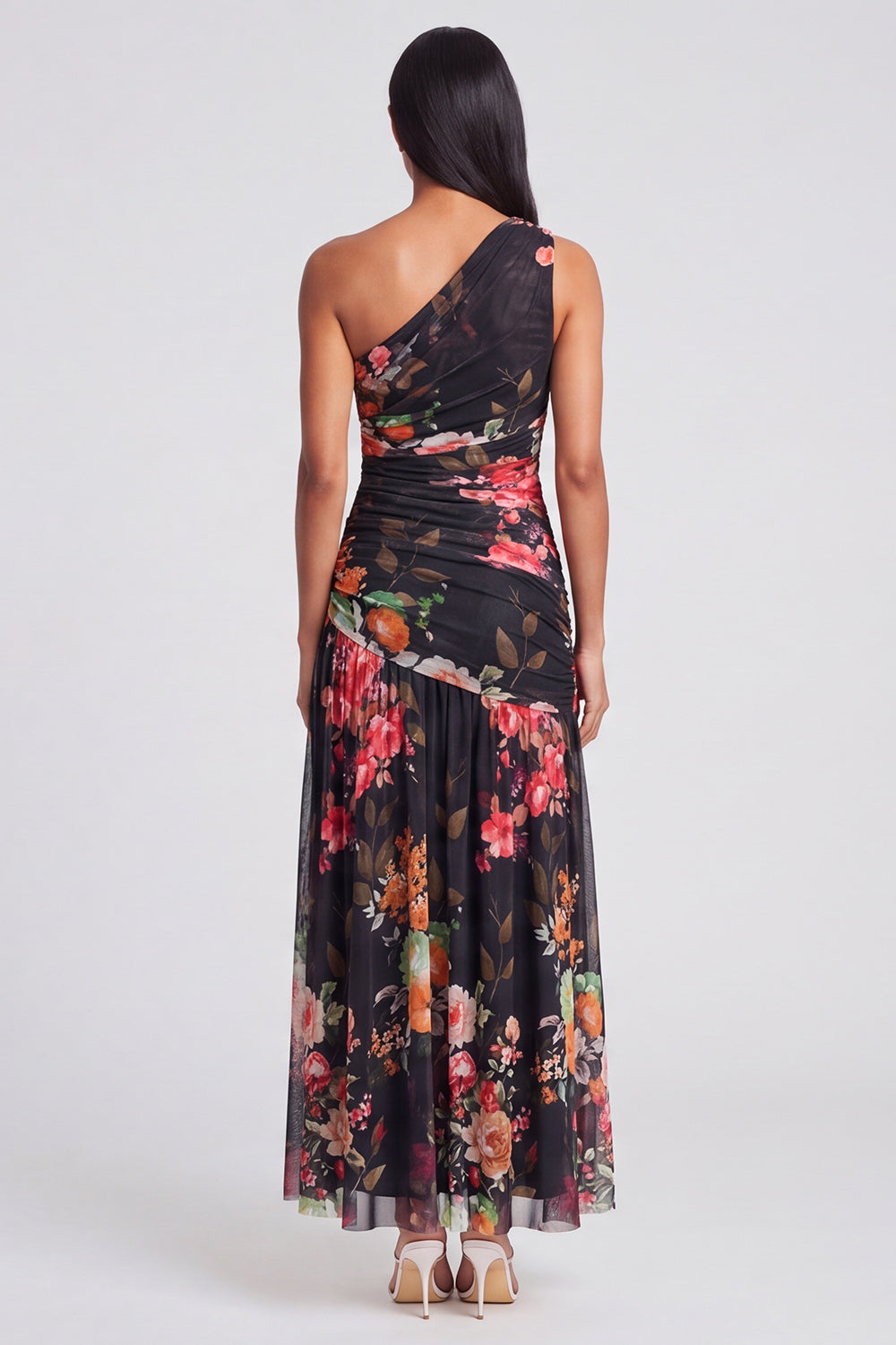 One Shoulder A Line Ruched Ivory Floral Maxi Formal Dress