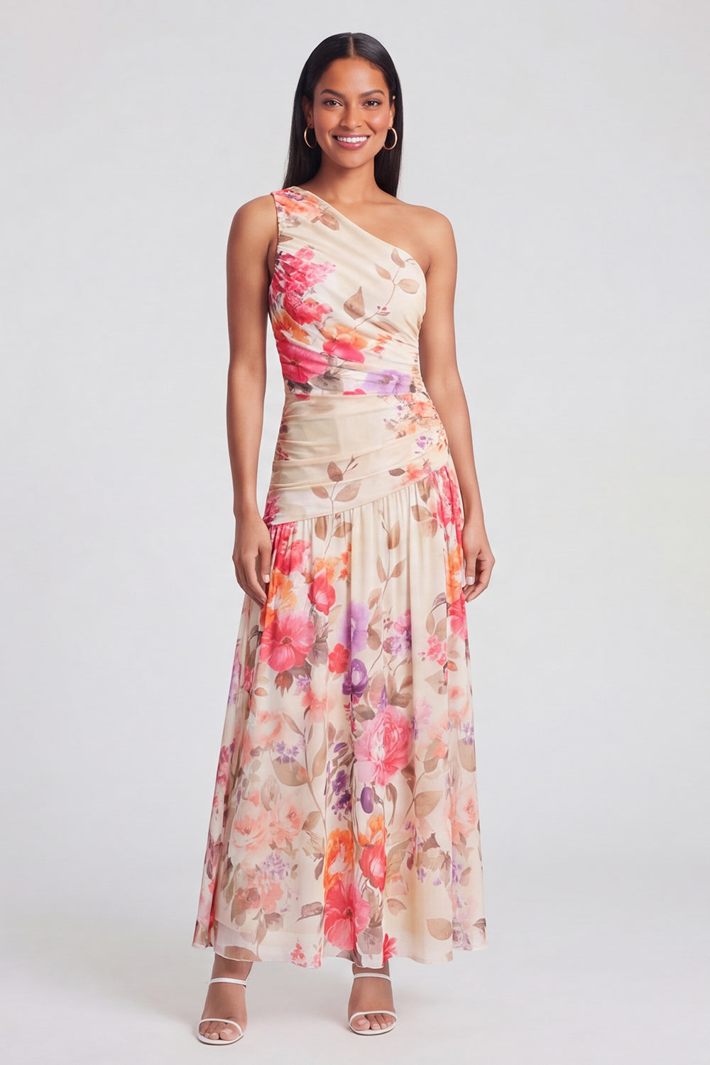 One Shoulder A Line Ruched Ivory Floral Maxi Formal Dress