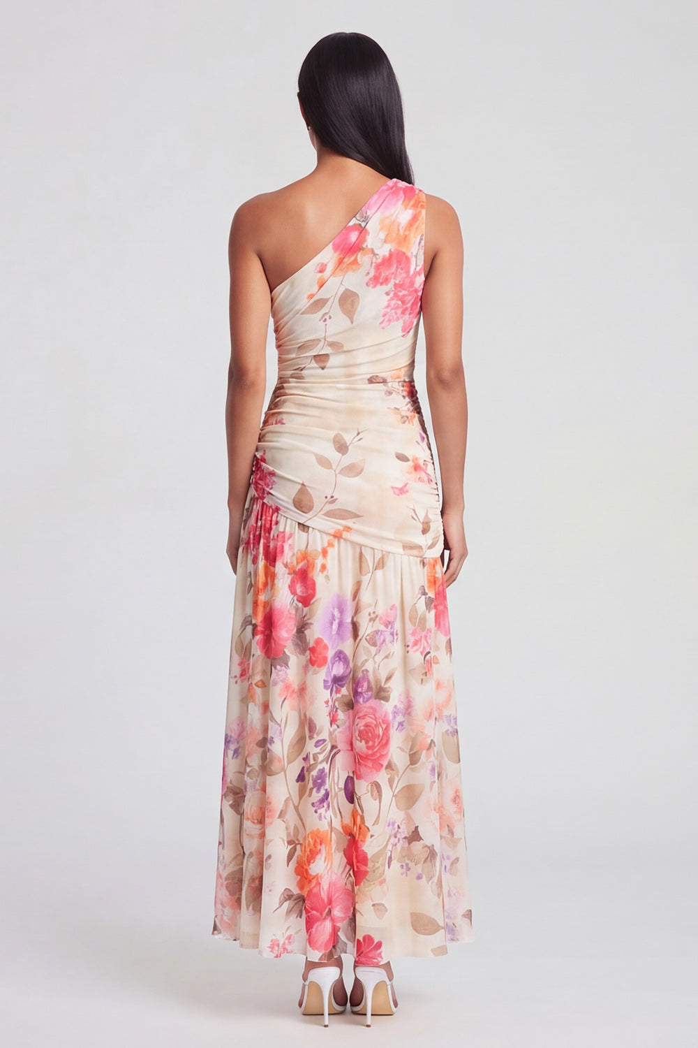 One Shoulder A Line Ruched Ivory Floral Maxi Formal Dress