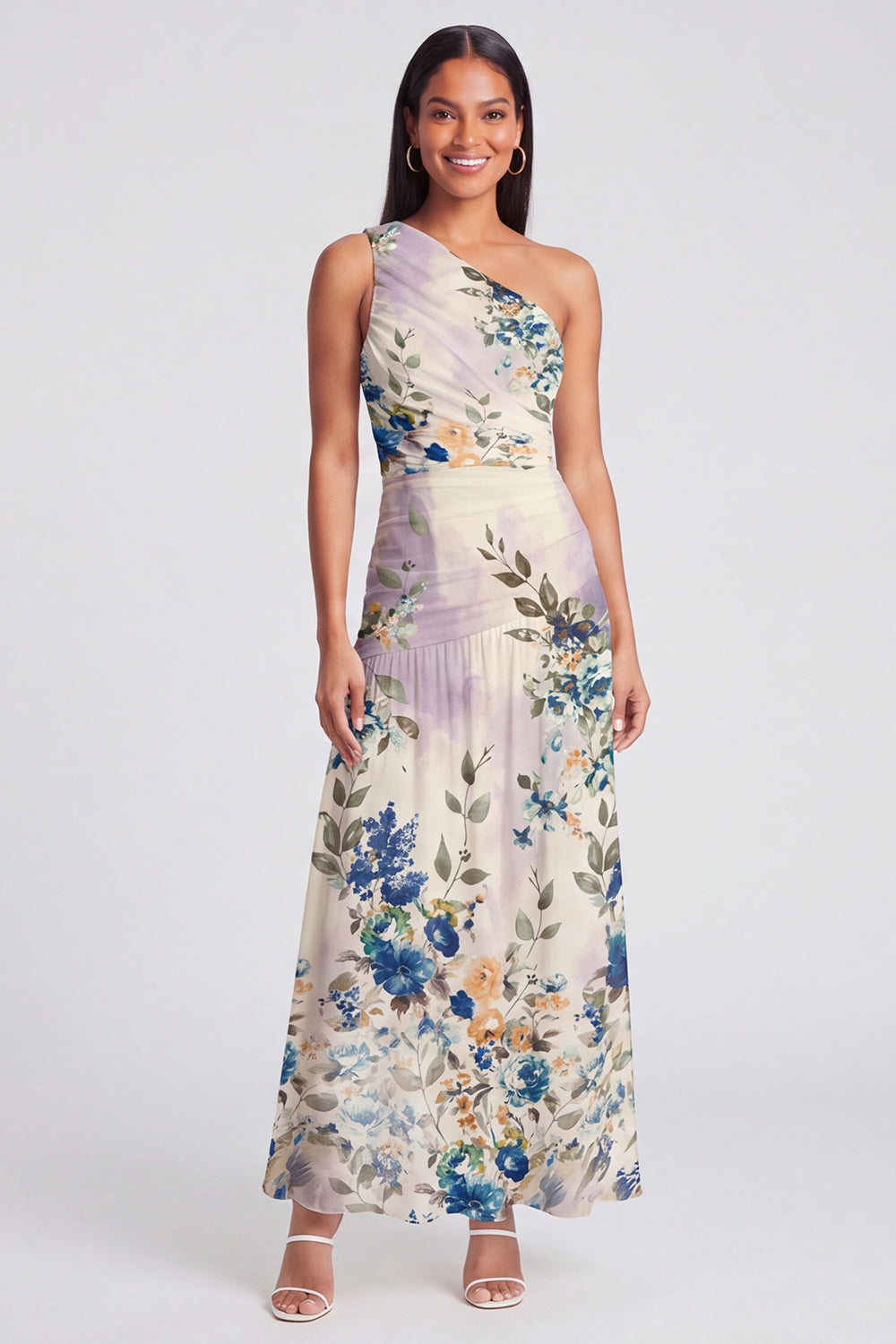 One Shoulder A Line Ruched Ivory Floral Maxi Formal Dress
