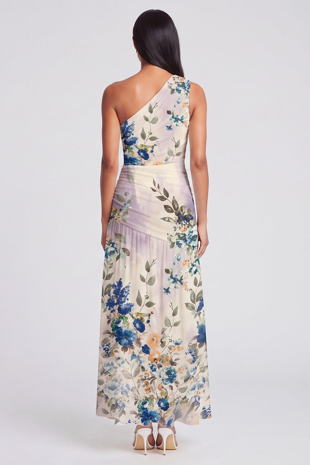 One Shoulder A Line Ruched Ivory Floral Maxi Formal Dress