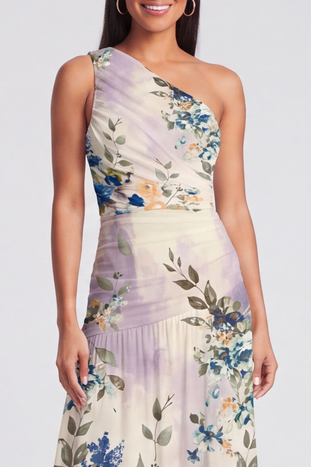 One Shoulder A Line Ruched Ivory Floral Maxi Formal Dress