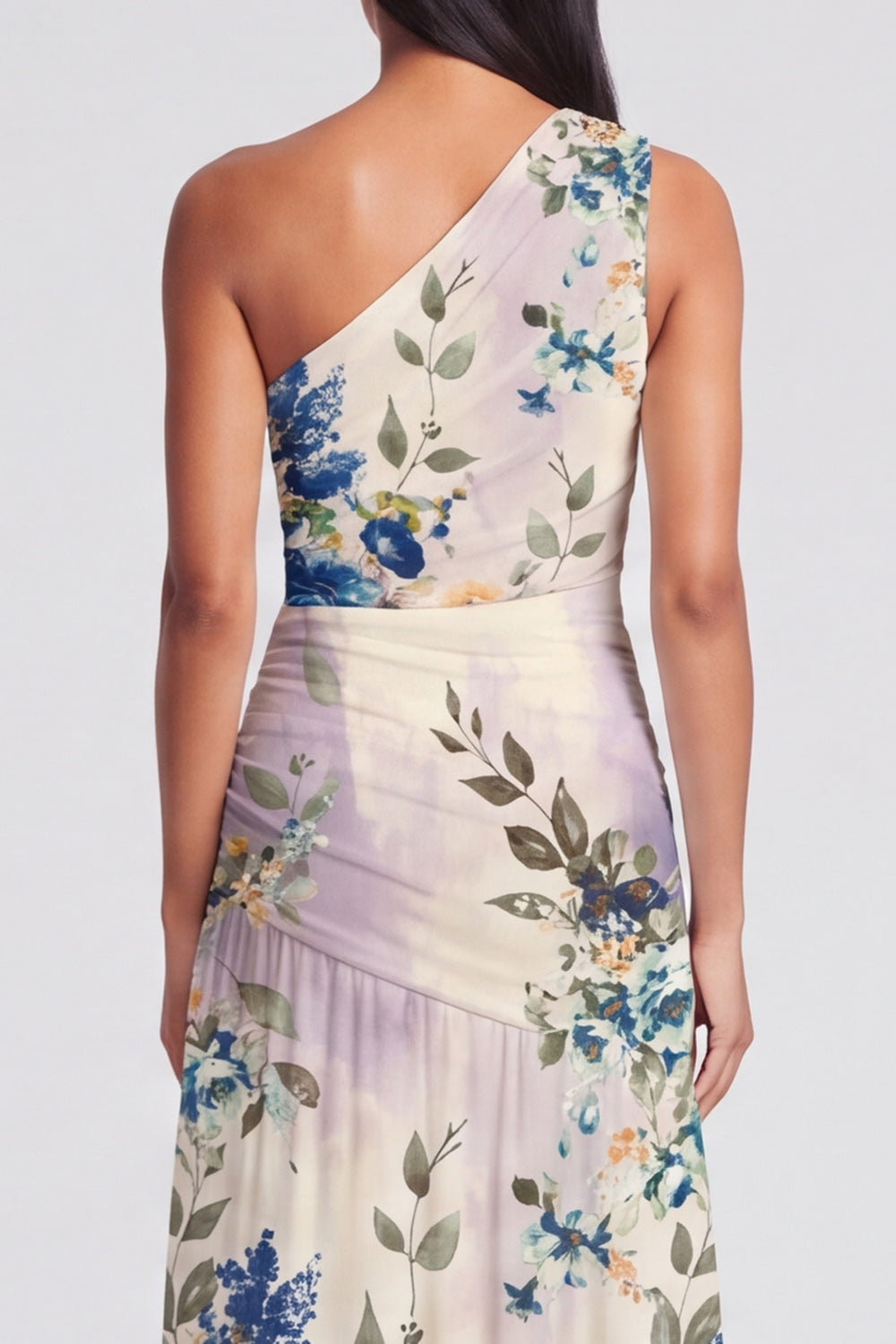 One Shoulder A Line Ruched Ivory Floral Maxi Formal Dress