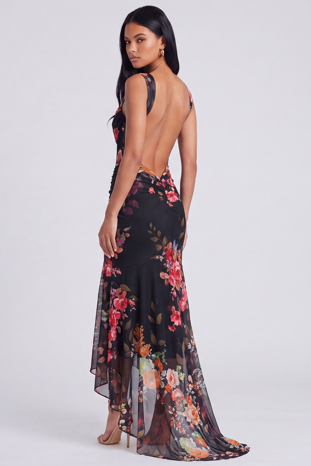Mermaid Corset Ruched Ivory Floral Maxi Formal Dress