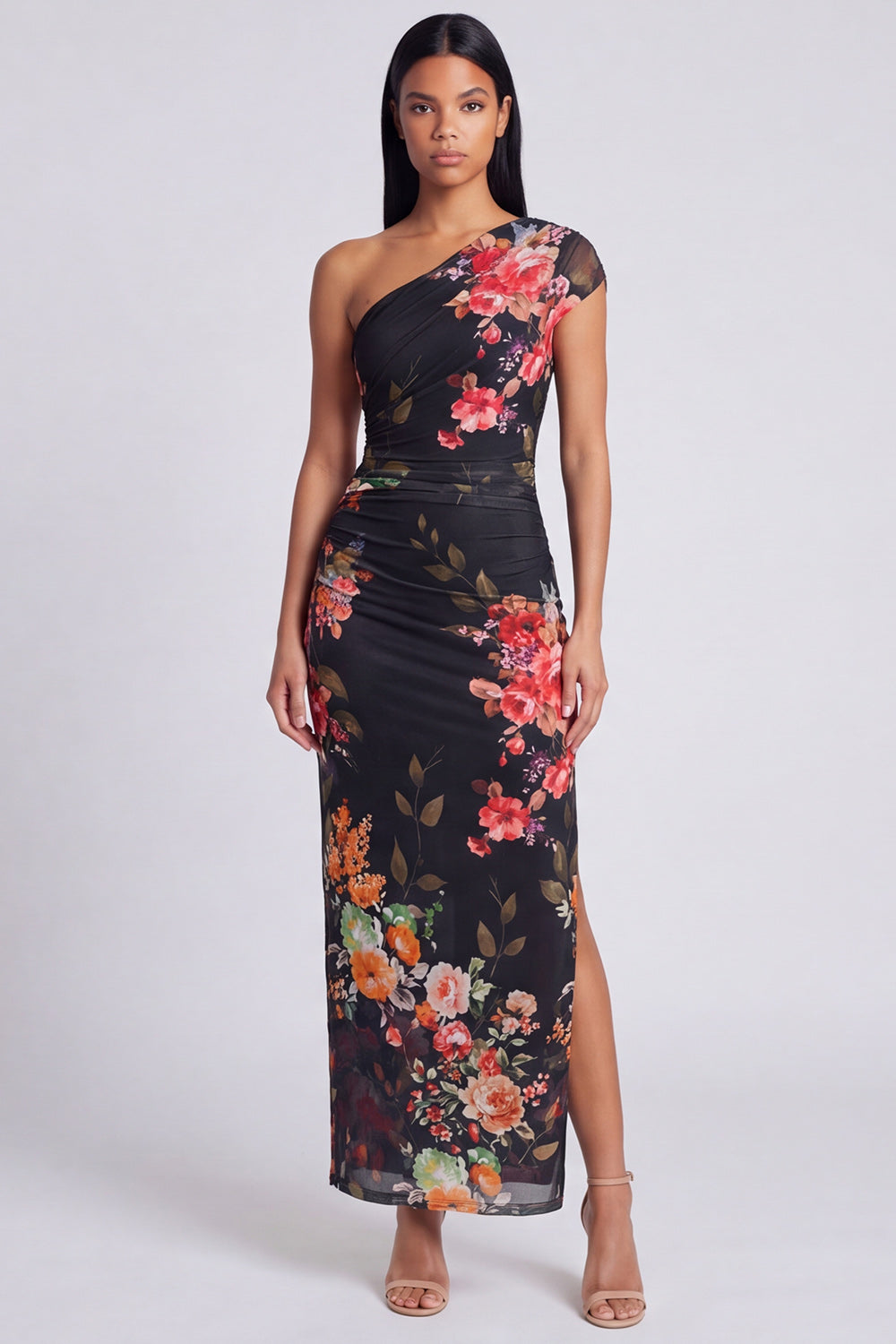 Black Sheath Ruched Black Floral Maxi Formal Dress with Slit