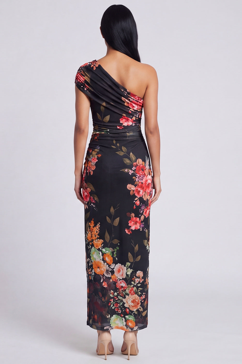 Black Sheath Ruched Black Floral Maxi Formal Dress with Slit