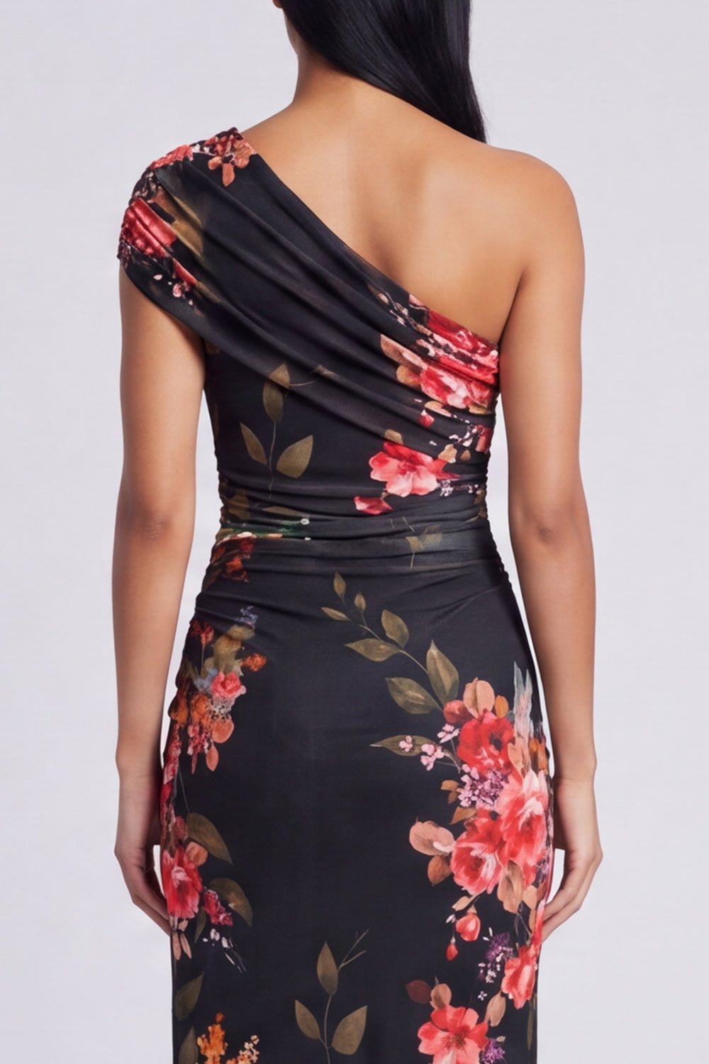 Black Sheath Ruched Black Floral Maxi Formal Dress with Slit