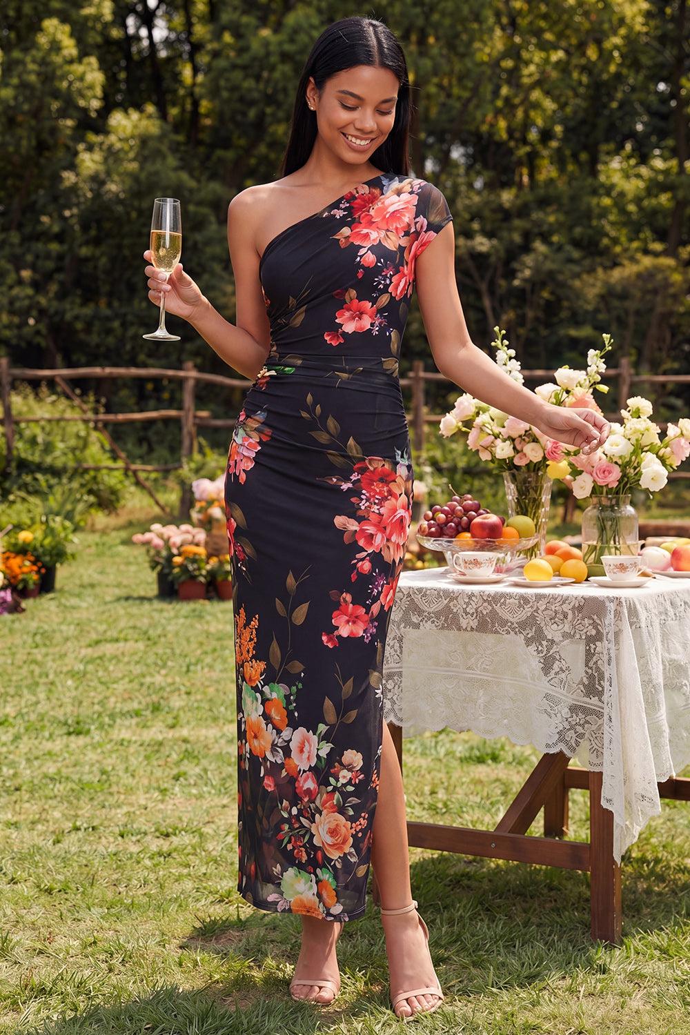 Black Sheath Ruched Black Floral Maxi Formal Dress with Slit