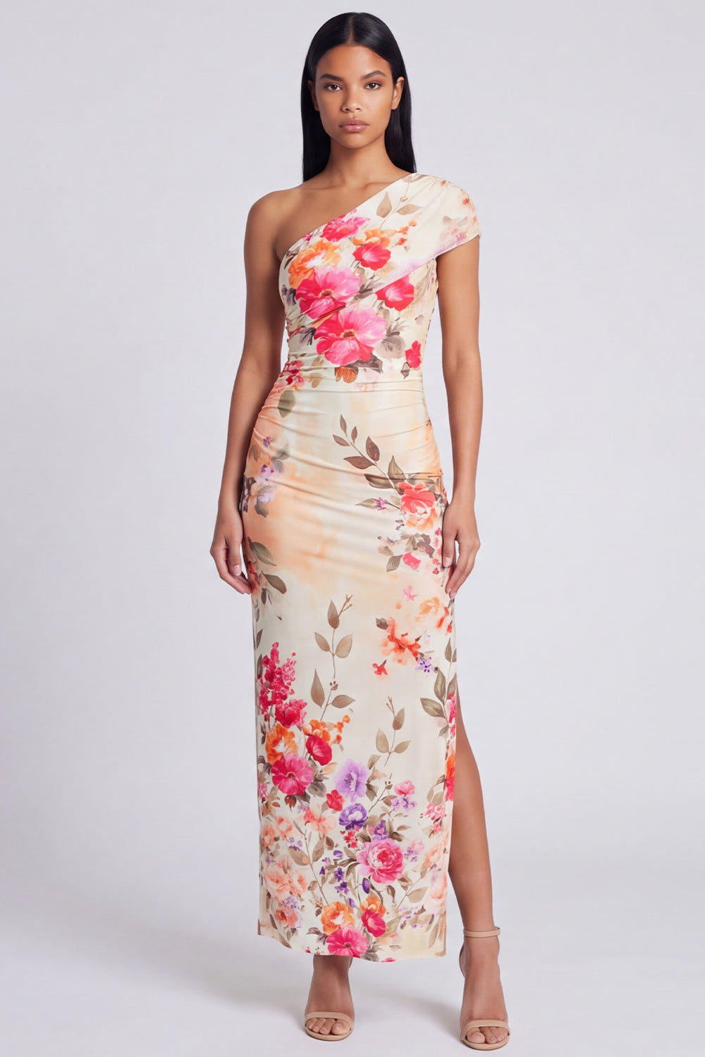 Black Sheath Ruched Black Floral Maxi Formal Dress with Slit