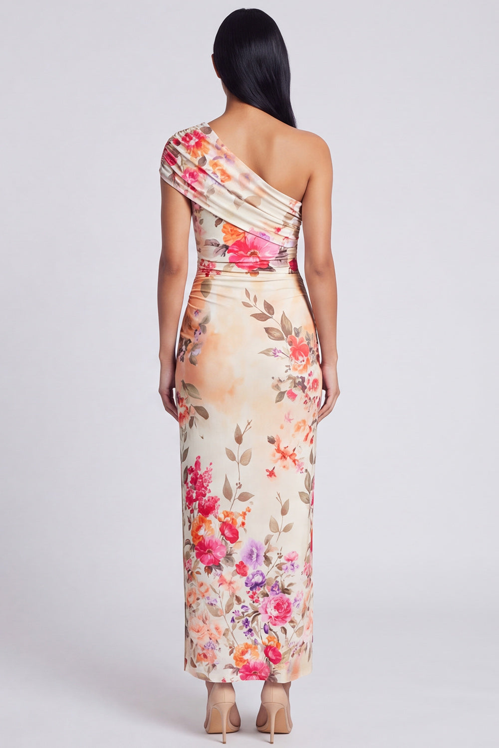 Black Sheath Ruched Black Floral Maxi Formal Dress with Slit