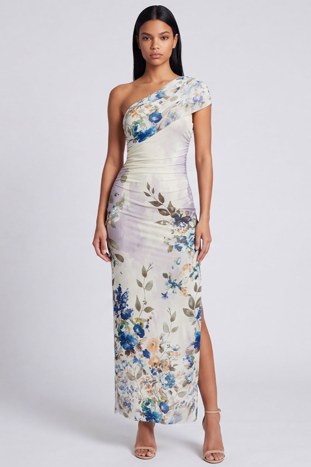 Black Sheath Ruched Black Floral Maxi Formal Dress with Slit