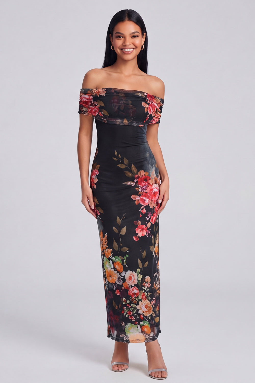 Off the Shoulder Sheath Ruched Ivory Floral Maxi Formal Dress