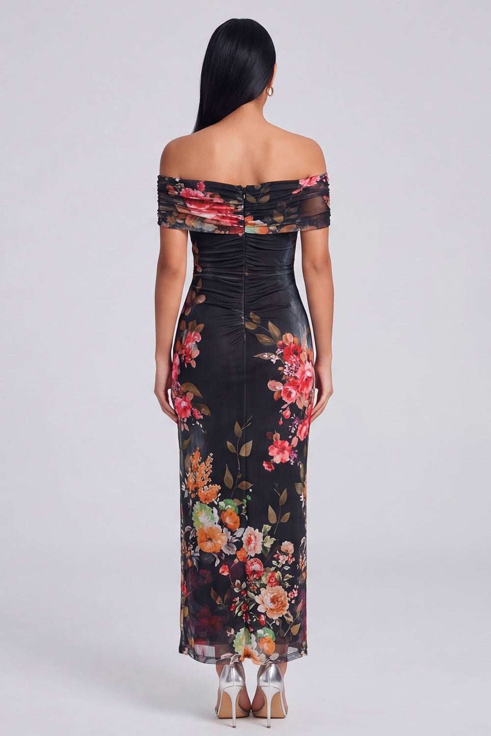 Off the Shoulder Sheath Ruched Ivory Floral Maxi Formal Dress