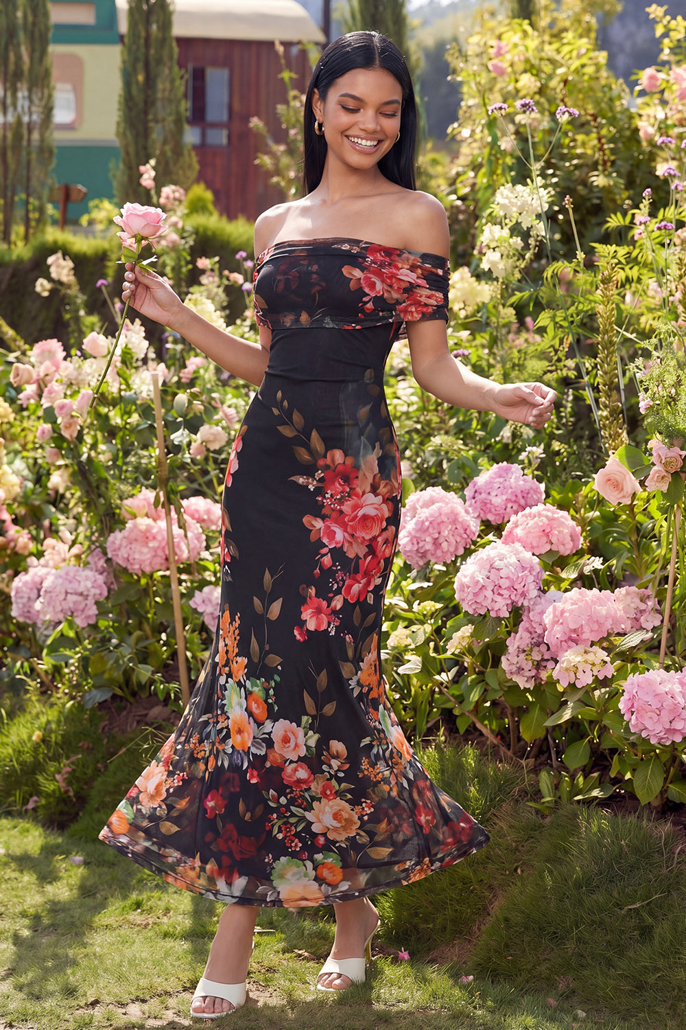 Off the Shoulder Sheath Ruched Ivory Floral Maxi Formal Dress