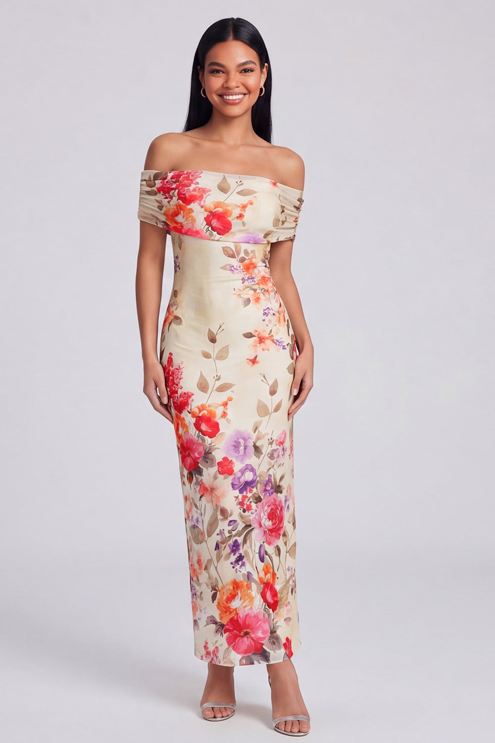 Off the Shoulder Sheath Ruched Ivory Floral Maxi Formal Dress