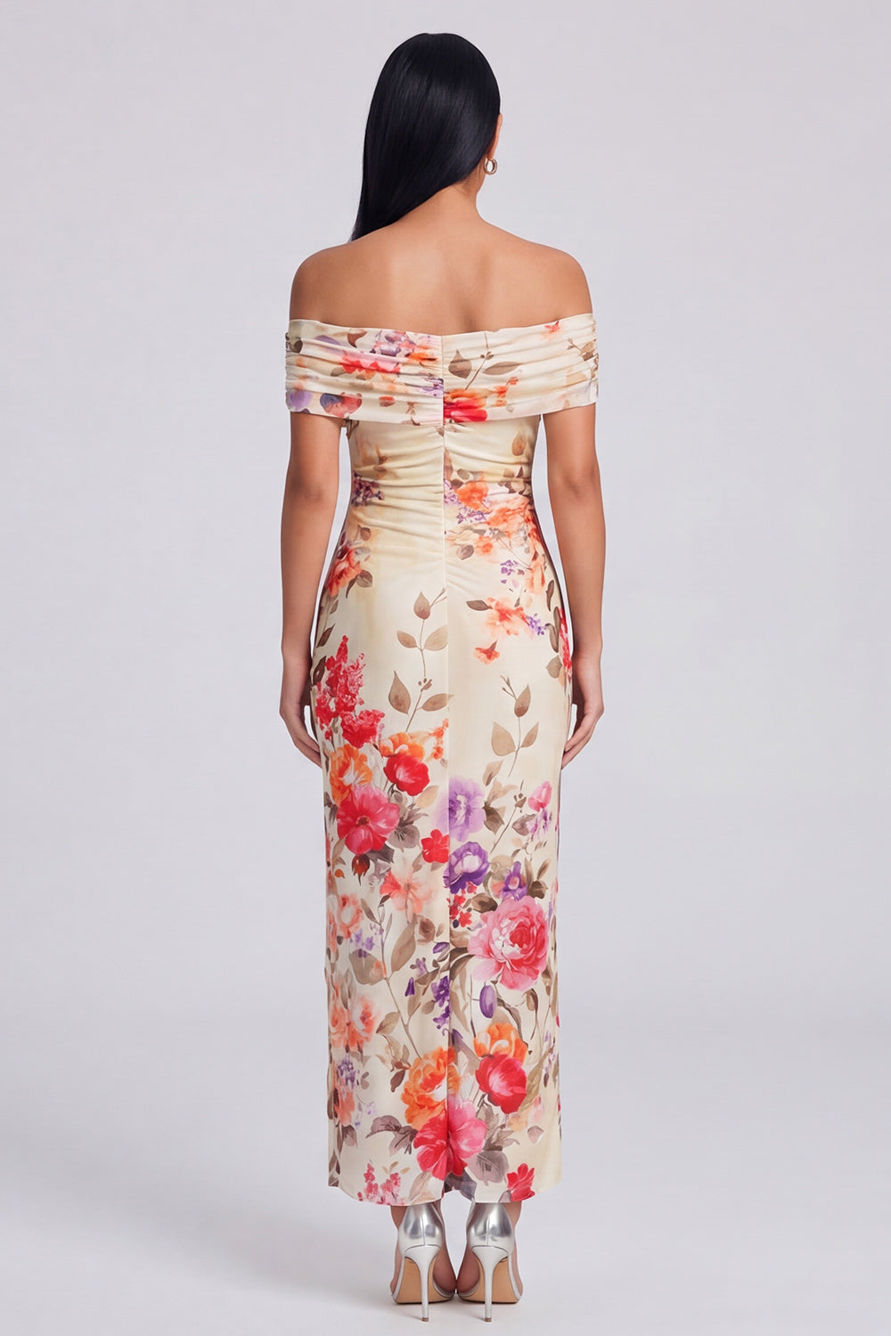 Off the Shoulder Sheath Ruched Ivory Floral Maxi Formal Dress