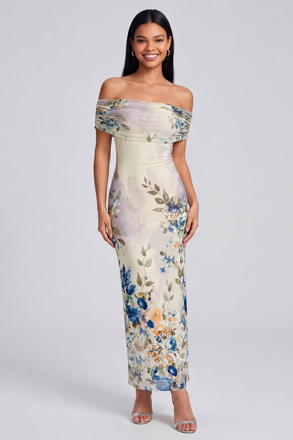 Off the Shoulder Sheath Ruched Ivory Floral Maxi Formal Dress